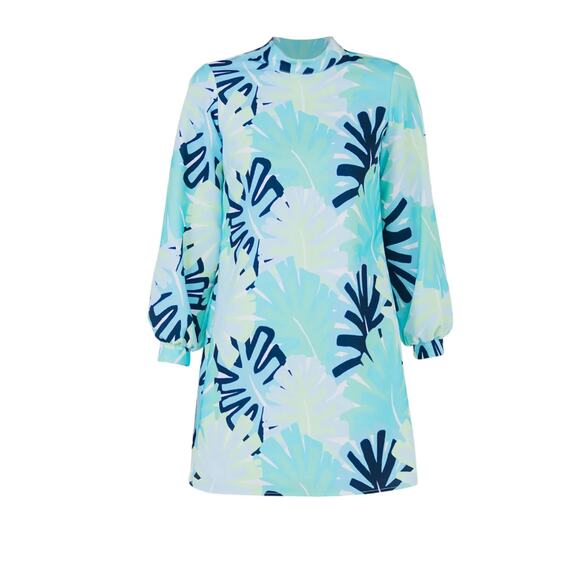 Sail to Sable Blue Shift Mini Dress Size 2 Vacation Mod Palm Tree Designer  $275 - Picture 5 of 10